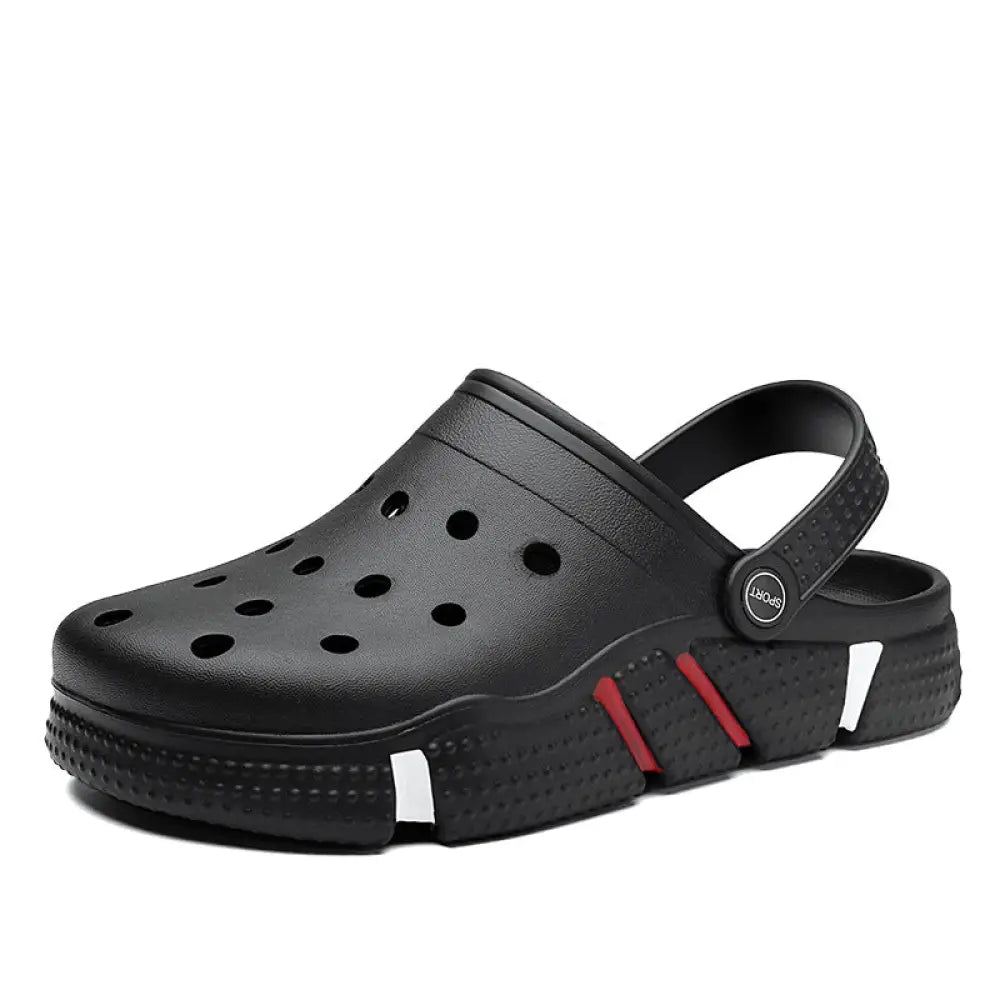 Black rubber men breathable waterproof eva beach clog with red and white sole accents shown from the back side