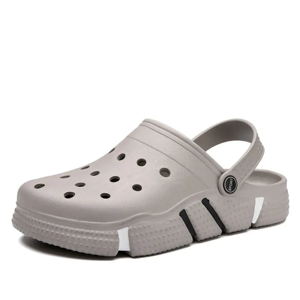 Gray men breathable waterproof eva beach clog with black and white accents textured sole and perforated upper