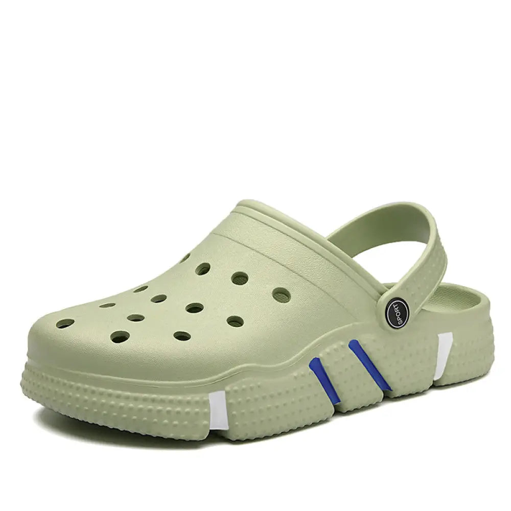 Light green men breathable waterproof EVA beach clog with blue and white side accents