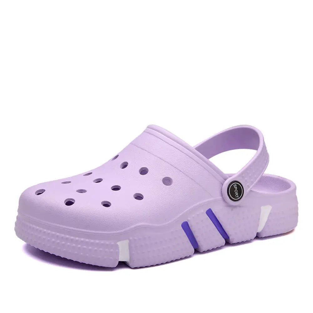 Light purple men breathable waterproof eva beach clog with perforated upper and white blue sole stripes