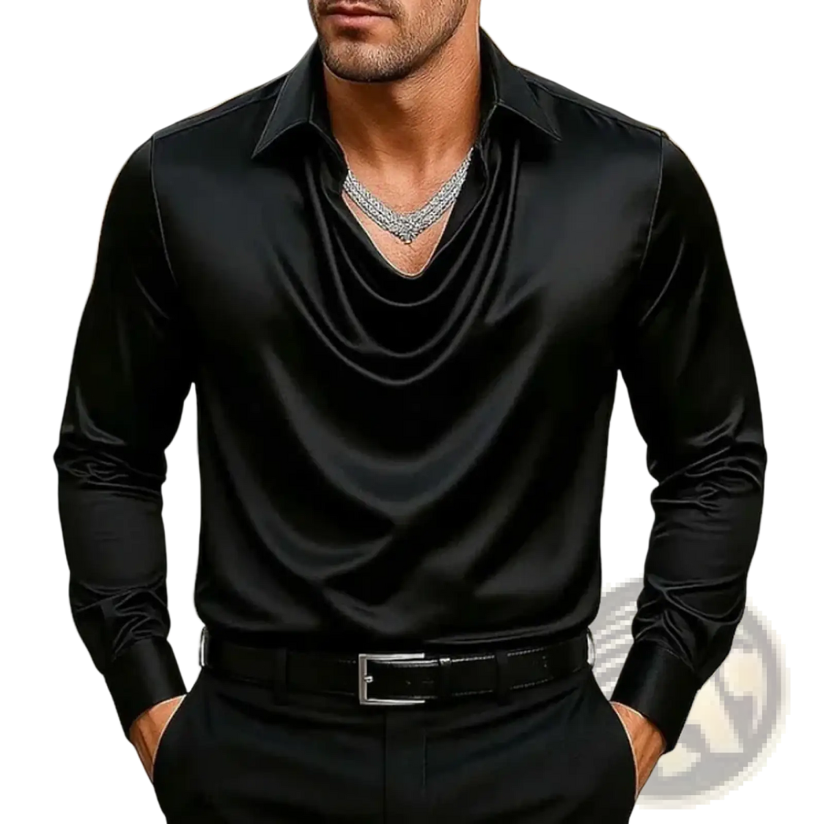 Men satin cowl neck long sleeve shirt in black featuring a draped satin fabric for a sleek formal look