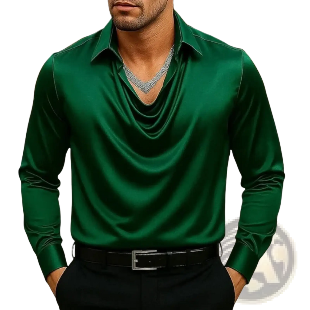 A sleek emerald green satin men cowl neck long sleeve shirt with draped v-neckline and subtle stitching details