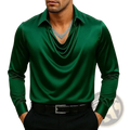 A sleek emerald green satin men cowl neck long sleeve shirt with draped v-neckline and subtle stitching details