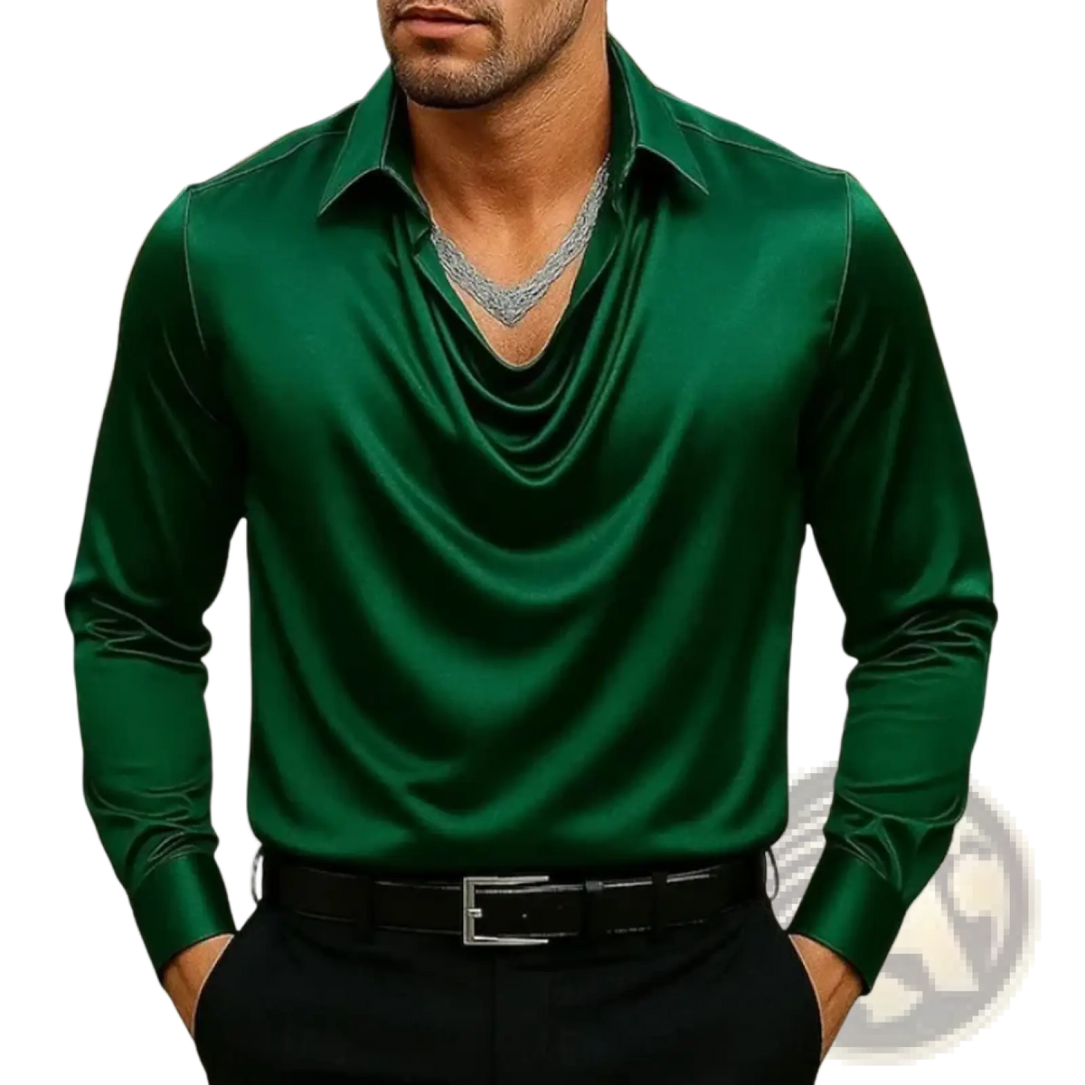 A sleek emerald green satin men cowl neck long sleeve shirt with draped v-neckline and subtle stitching details