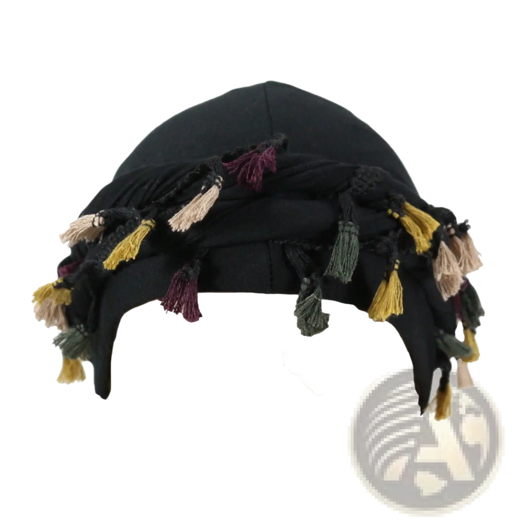 Men satin lined beard twist cap in black fabric with colorful yellow purple beige and green tassels shown from back side