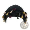 Men satin lined beard twist cap in black fabric with colorful yellow purple beige and green tassels shown from back side
