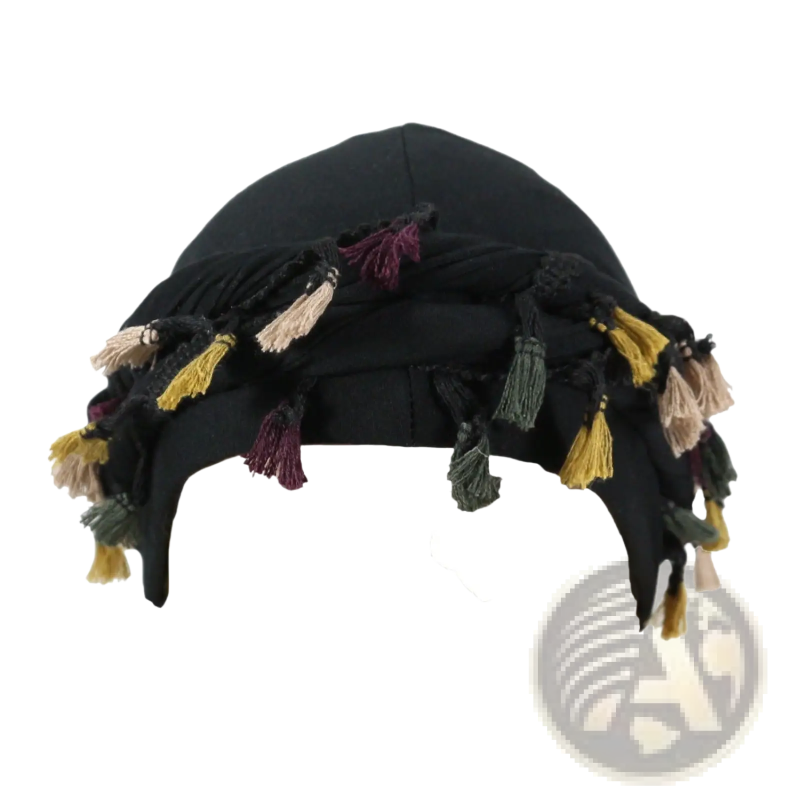 Men satin lined beard twist cap in black fabric with colorful yellow purple beige and green tassels shown from back side