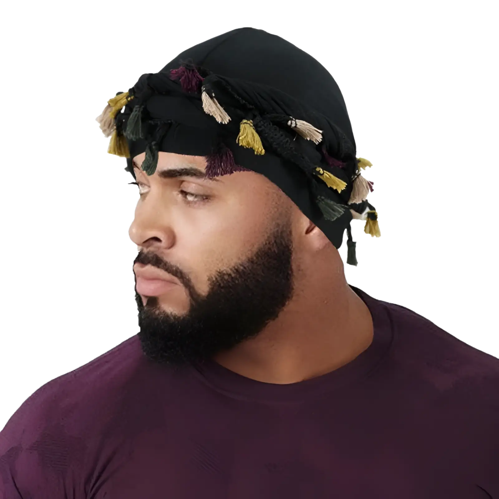 Men satin lined beard twist cap in black fabric adorned with colorful yellow beige and purple tassels shown from back side