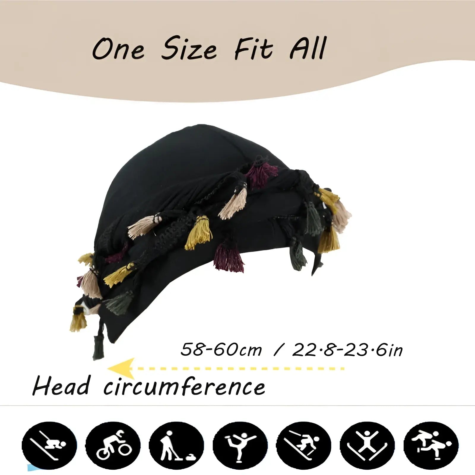 Men satin lined beard twist cap in black fabric with colorful yellow purple and beige tassels shown from the back side