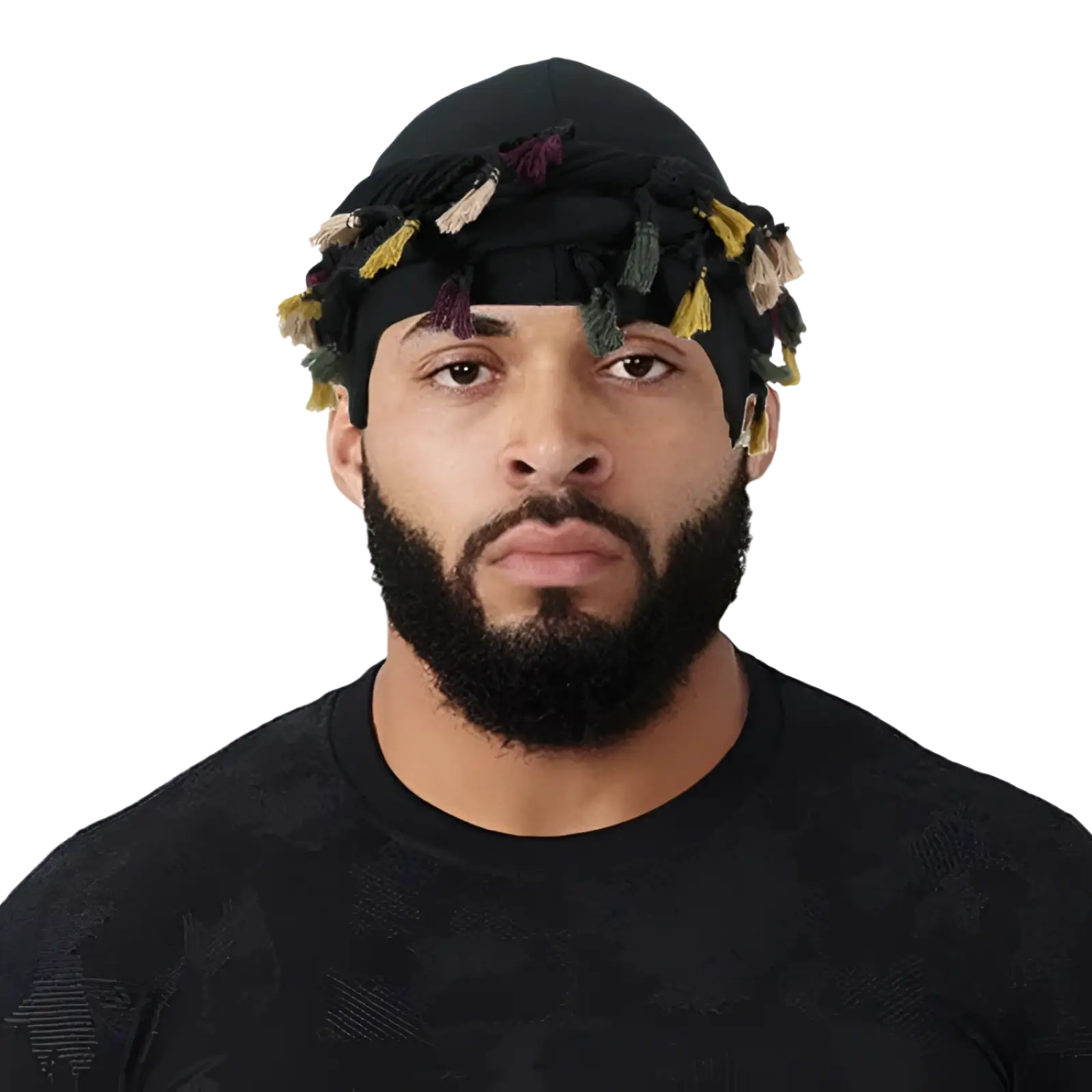 Men satin lined beard twist cap in black with colorful yellow green and purple tassels shown from the back side