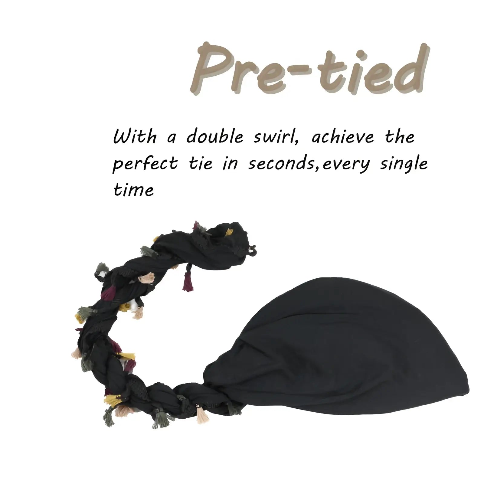Men satin lined beard twist cap in black with a double swirl design and colorful tassels pre-tied headscarf