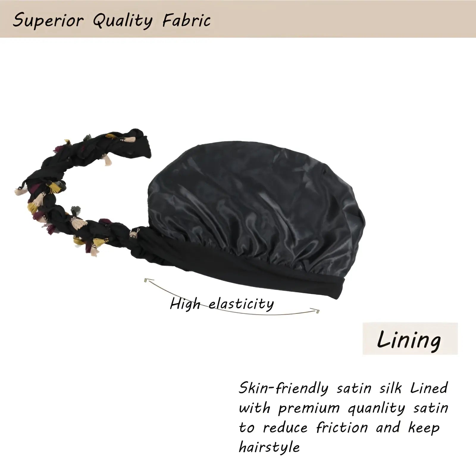 Black satin lined beard twist cap with braided tassel trim featuring silk-lined interior for hair protection