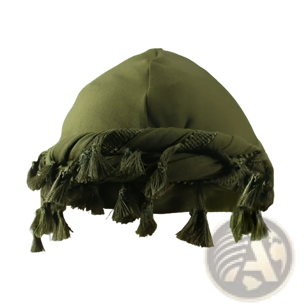 Olive green satin lined headscarf with fringed tassels designed as a men tassel headwrap for stylish wear
