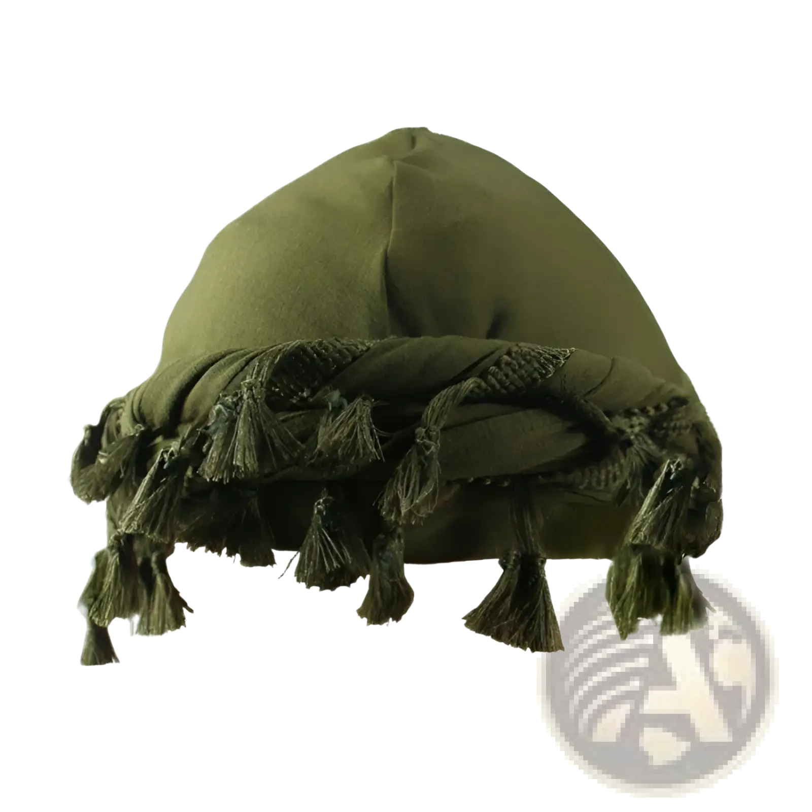 Olive green satin lined headscarf with fringed tassels designed as a men tassel headwrap for stylish wear