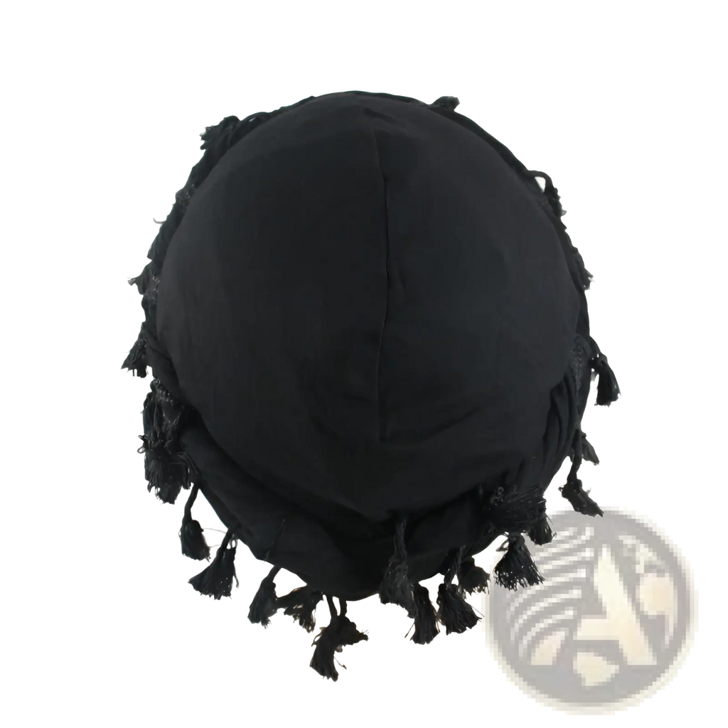 Men satin lined tassel headwrap in burgundy with black fabric fringed tassels around the edge shown from back side