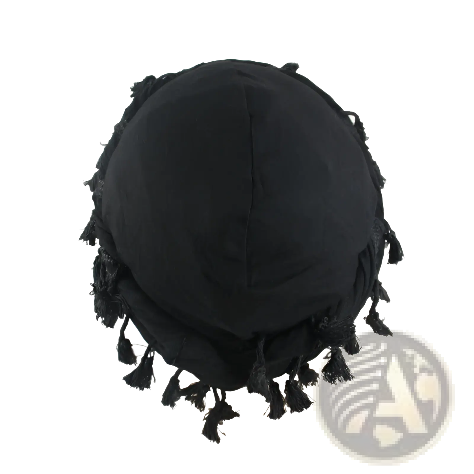 Men satin lined tassel headwrap in burgundy with black fabric fringed tassels around the edge shown from back side