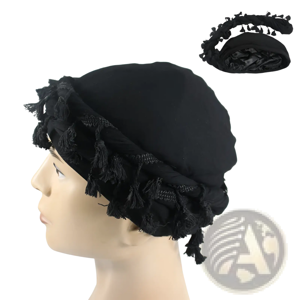 Men satin lined tassel headwrap in burgundy black velvet with decorative tassels and a soft draped design