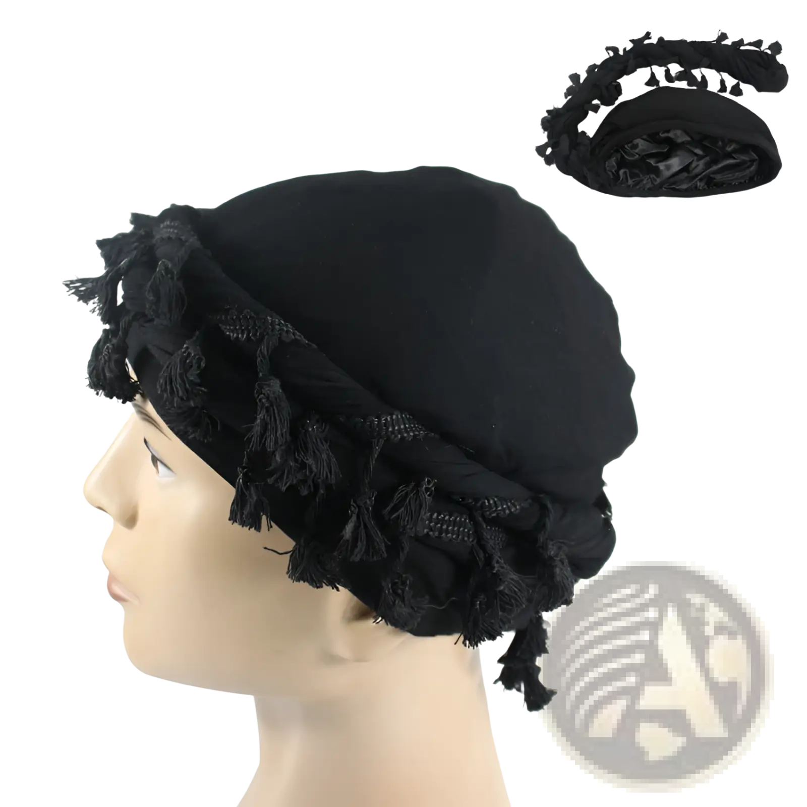 Men satin lined tassel headwrap in burgundy velvet with decorative tassels and a soft draped design