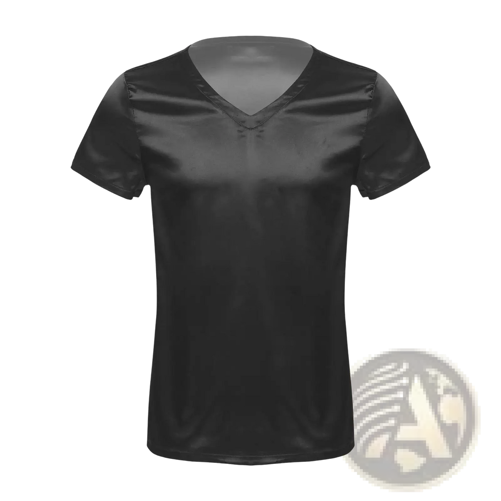 Black satin v neck short sleeved loungewear t shirt for men made of smooth satin fabric