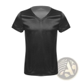 Black satin v neck short sleeved loungewear t shirt for men made of smooth satin fabric
