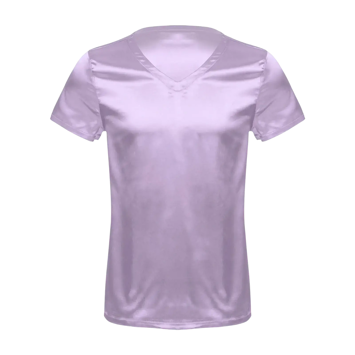 Men satin v neck loungewear t shirt in lavender satin with short sleeves and a v neck design