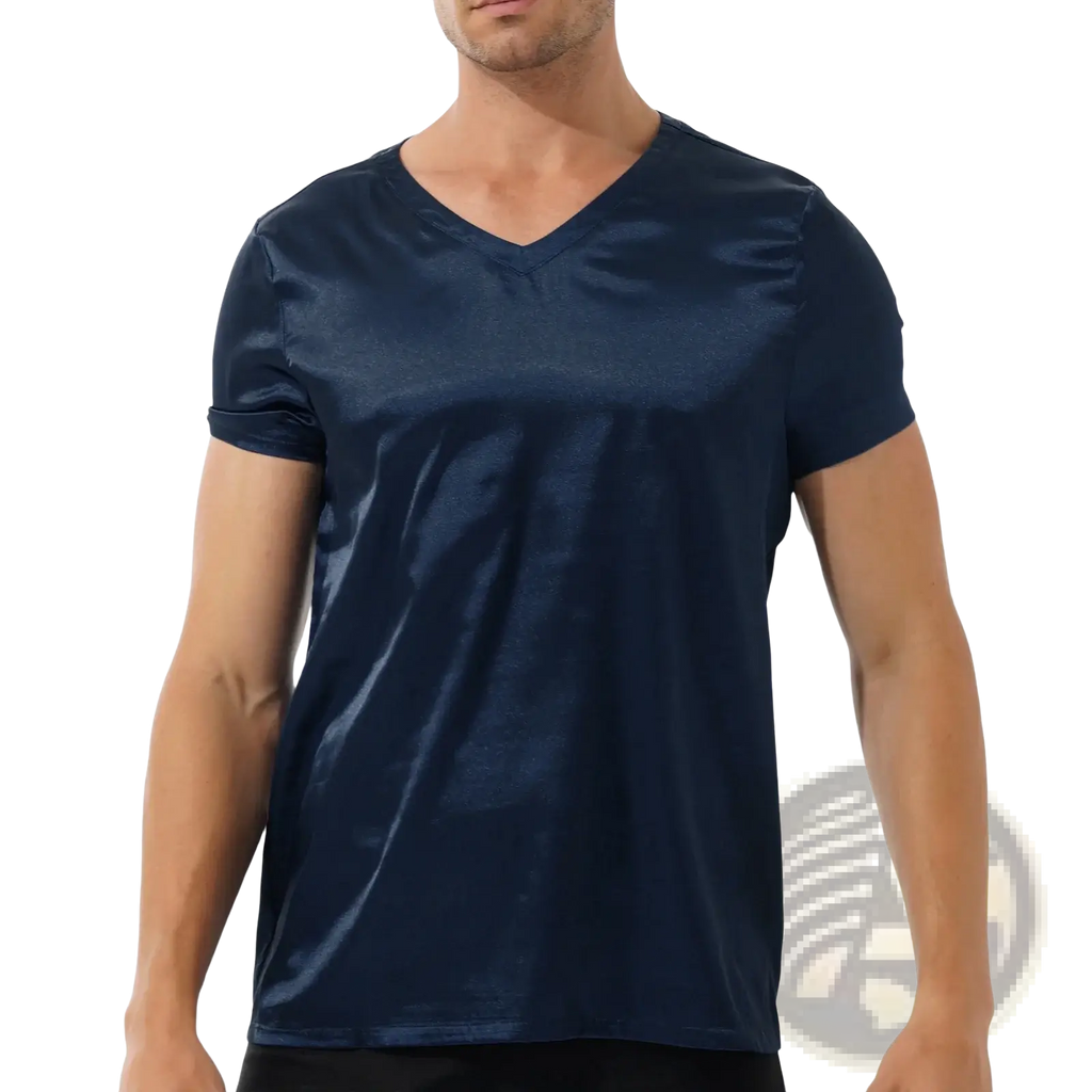 Navy blue satin men v neck loungewear t shirt showcasing smooth fabric and comfortable fit