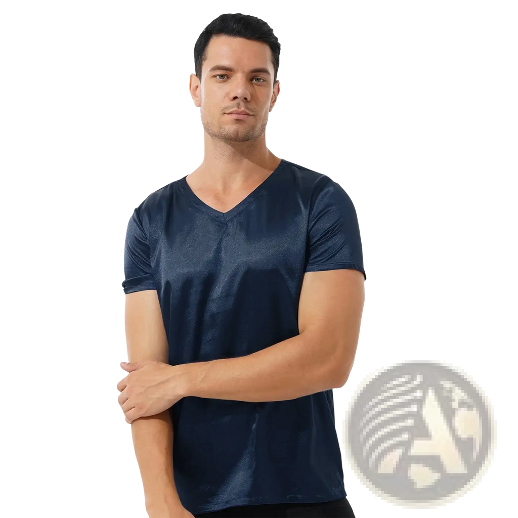 Navy blue satin men v-neck loungewear t-shirt with short sleeves and a subtle textured finish
