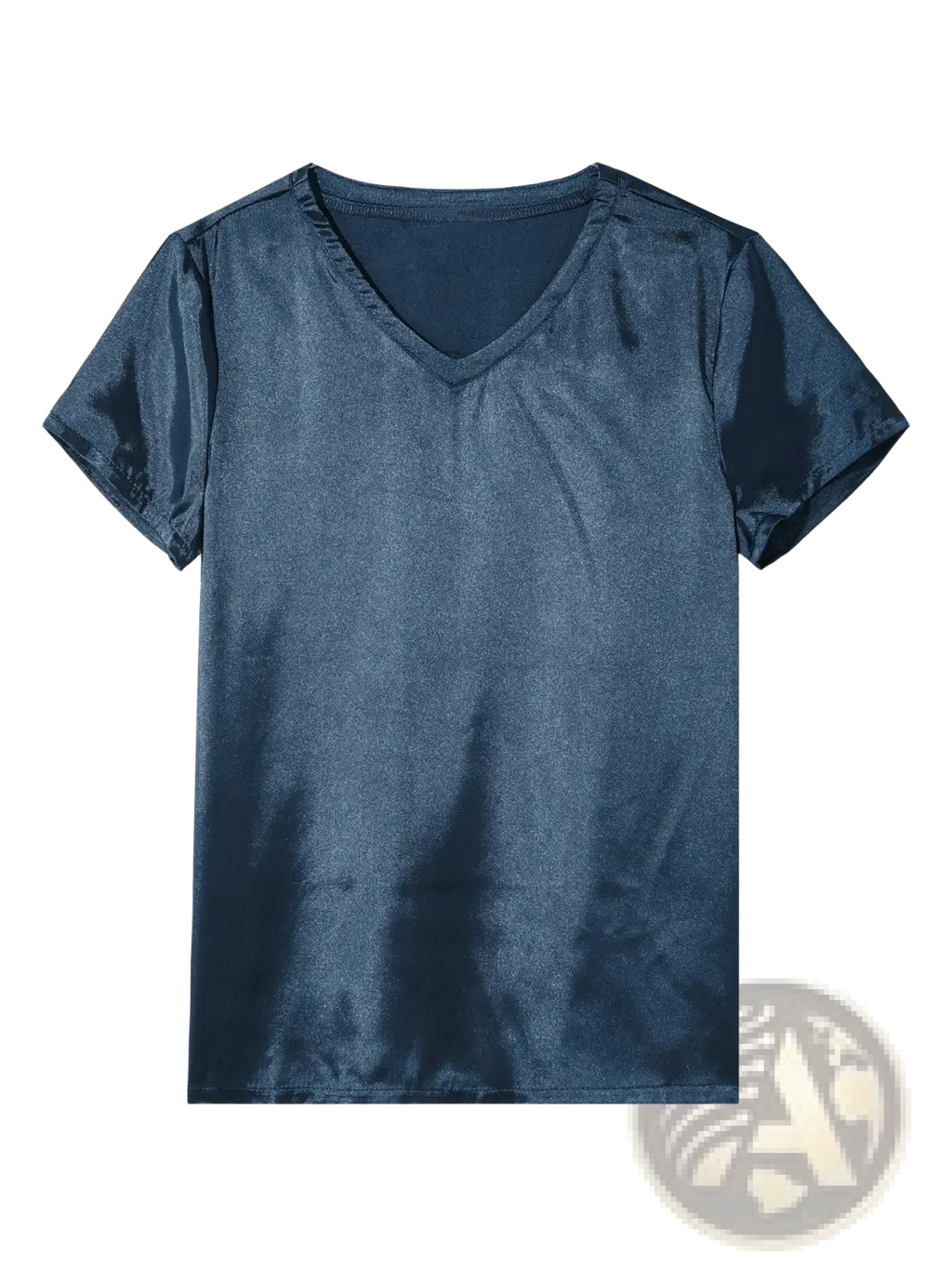 Navy blue men satin v neck loungewear t shirt with short sleeves and shiny satin fabric for comfortable wear