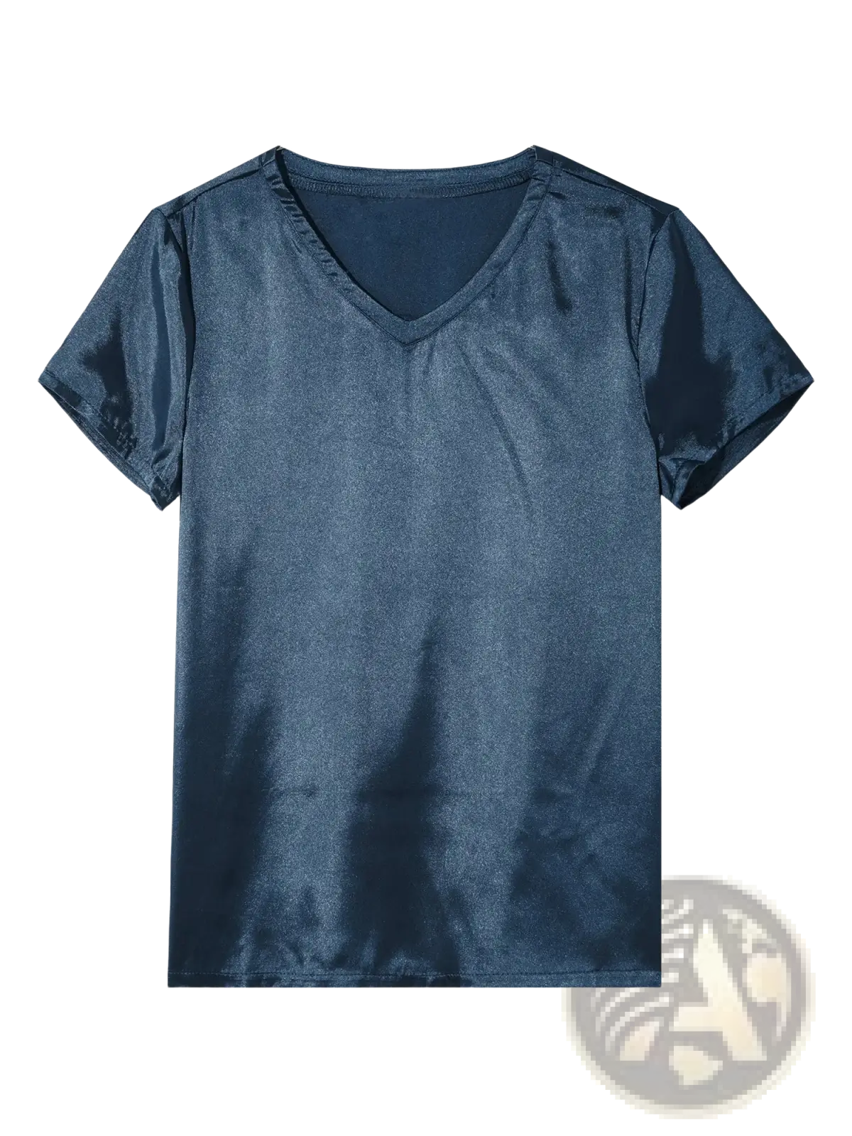 Navy blue men satin v neck loungewear t shirt with short sleeves and shiny satin fabric for comfortable wear
