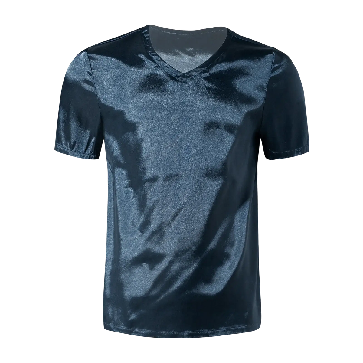 A sleek navy blue men satin v neck loungewear t shirt with short sleeves and a shiny satin-like finish