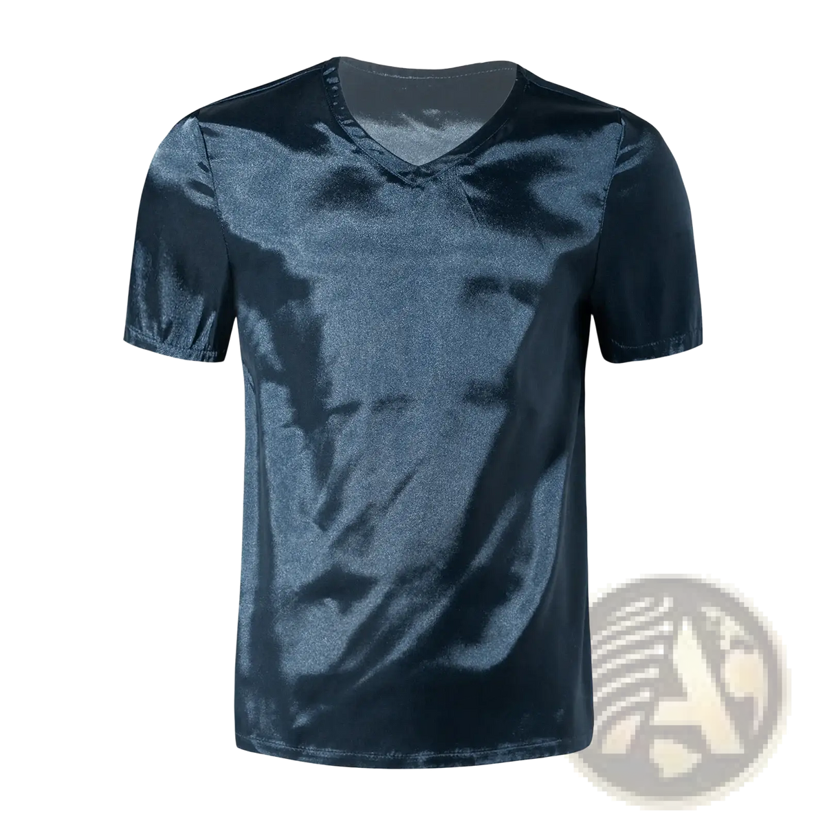 A sleek navy blue men satin v neck loungewear t shirt with short sleeves and a shiny satin-like finish