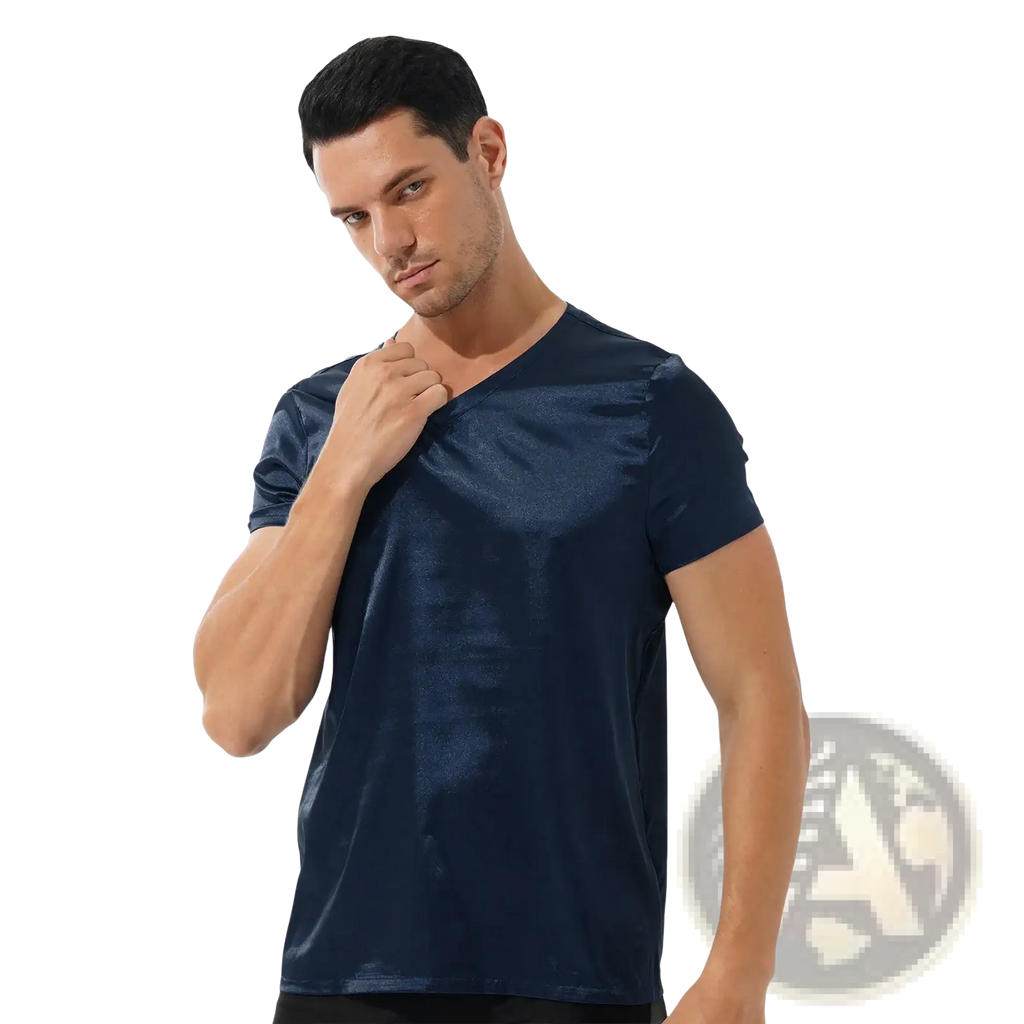 A sleek navy blue men satin v neck loungewear t shirt with short sleeves and a smooth satin-like finish