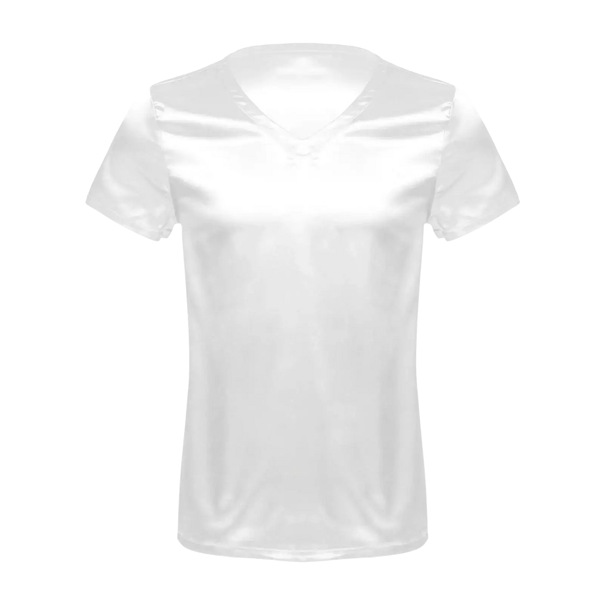 White satin men v neck t-shirt with short sleeves ideal for loungewear and casual comfort