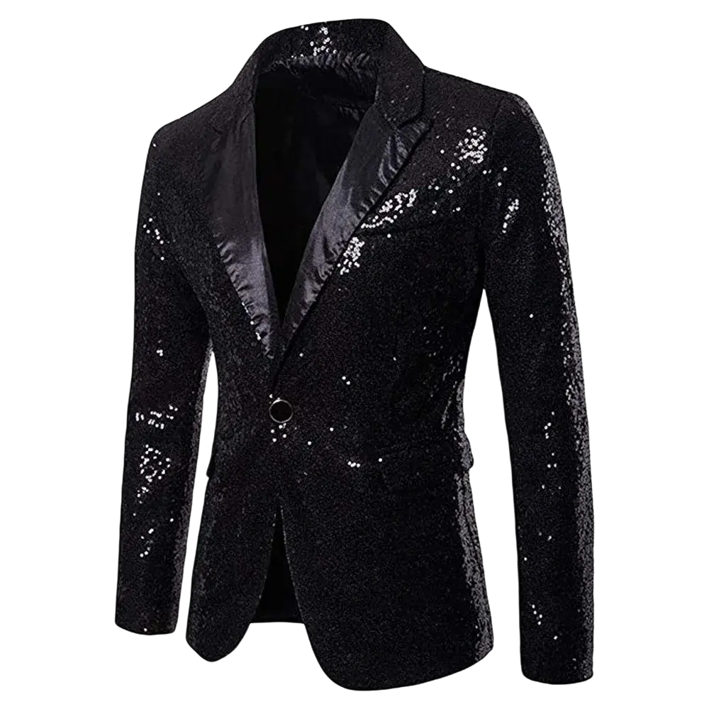 Black sequined men sequin blazer with satin lapel and single button closure for formal party wear