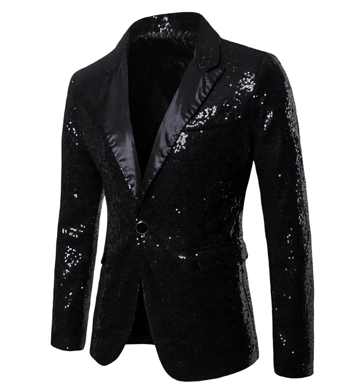 Men sequin blazer formal party suit jacket with black sequined glittering surface and satin-lined lapels