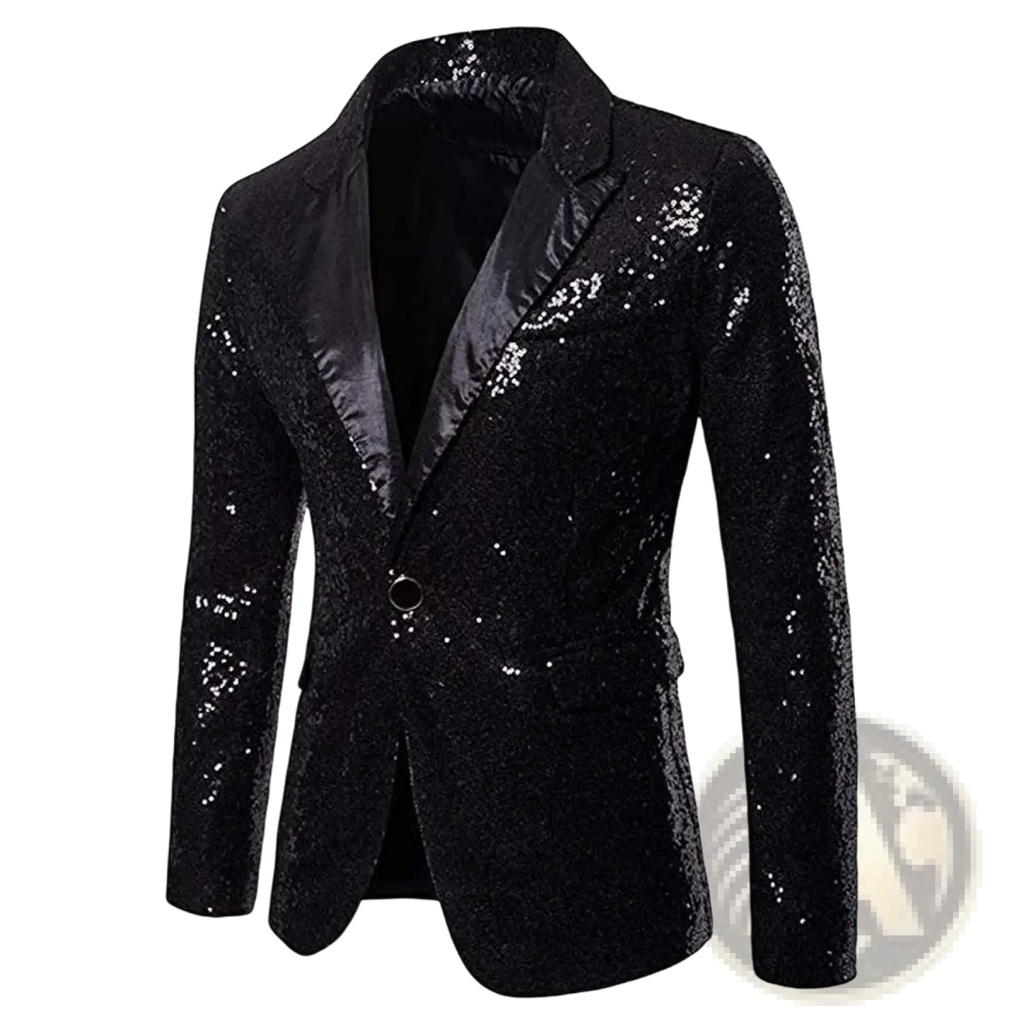 Black sequined men sequin blazer with satin lapel and single button closure for formal party wear