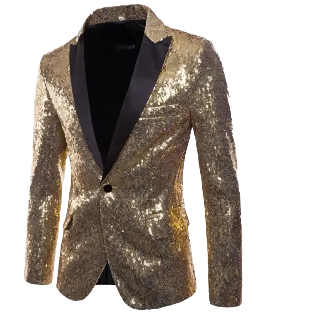 Men sequin blazer formal party suit jacket in gold sequined fabric with black satin lapels