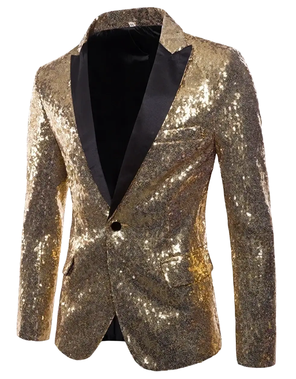 Men sequin blazer formal party suit jacket in gold sequins with black satin lapels and inner lining