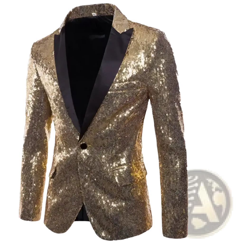 Men sequin blazer formal party suit jacket in gold sequined fabric with black satin lapels