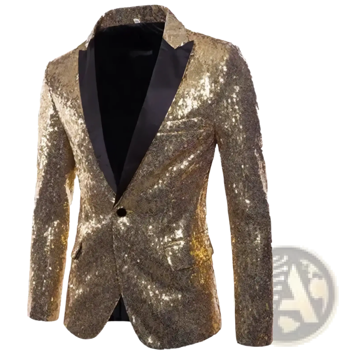 Men sequin blazer formal party suit jacket in gold sequined fabric with black satin lapels