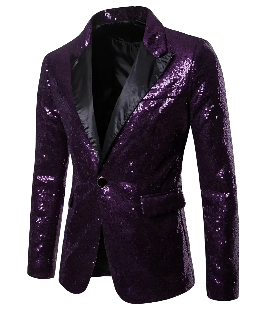 Men sequin blazer formal party suit jacket in purple with black satin lapels and inner lining made of sequined fabric