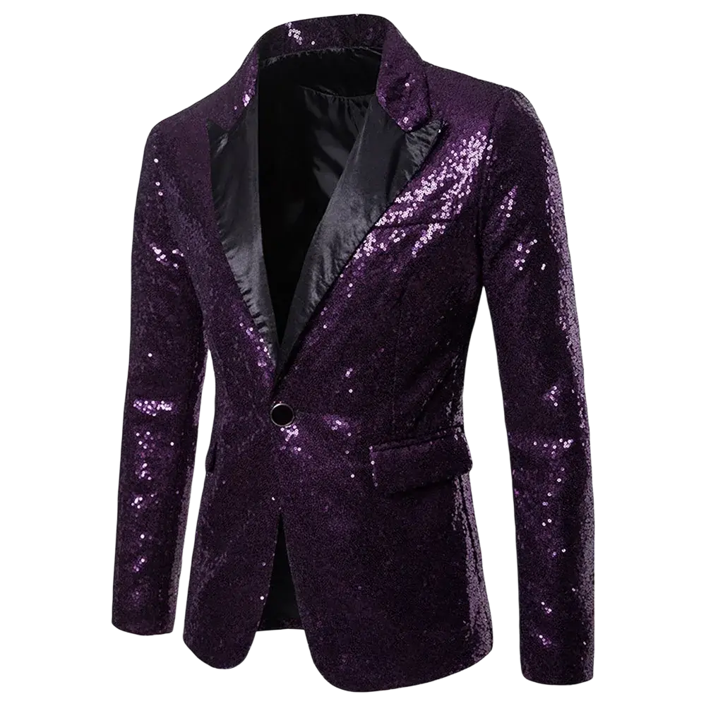 Men sequin blazer formal party suit jacket in shimmering purple with black satin lapel and inner lining