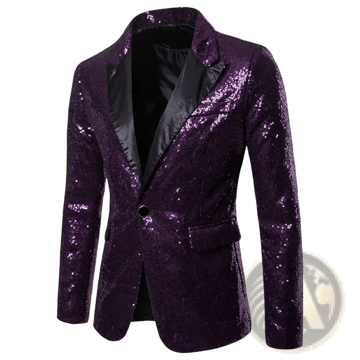 Men sequin blazer formal party suit jacket in shimmering purple with black satin lapel and inner lining