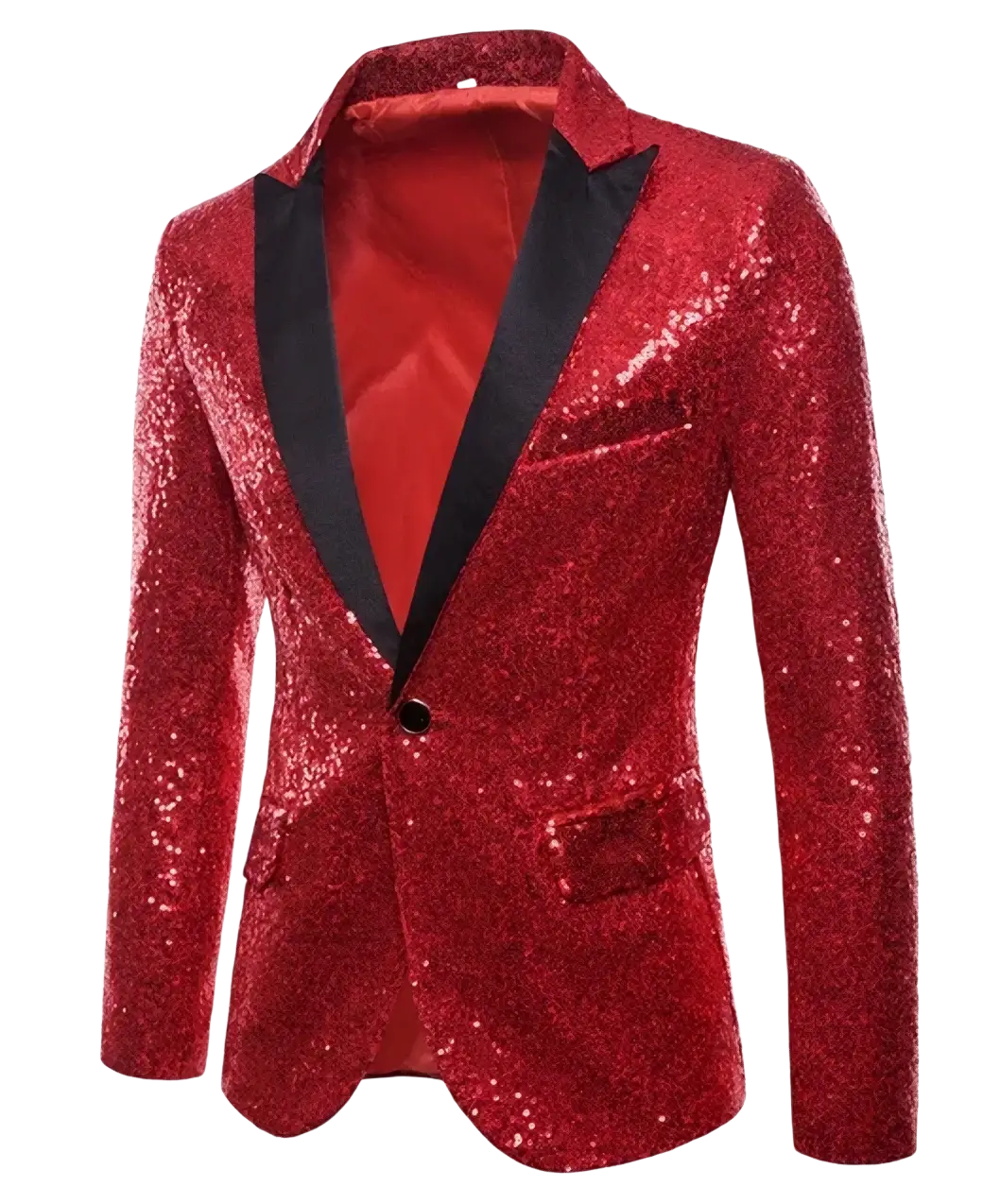 Men sequin blazer formal party suit jacket in dazzling red with black satin lapels and matching inner lining