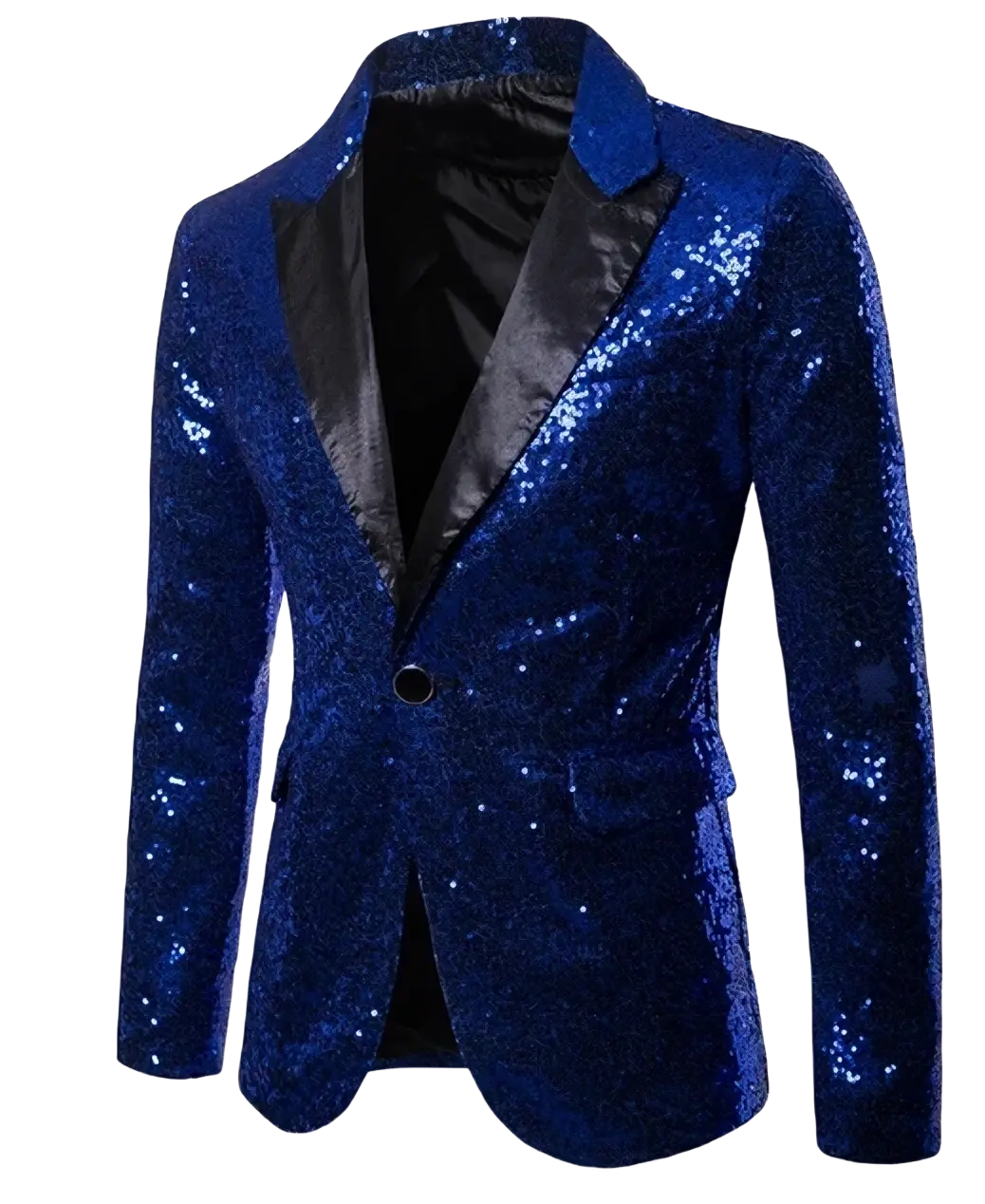 Men sequin blazer formal party suit jacket featuring a royal blue sequined fabric with black satin lapel and lining