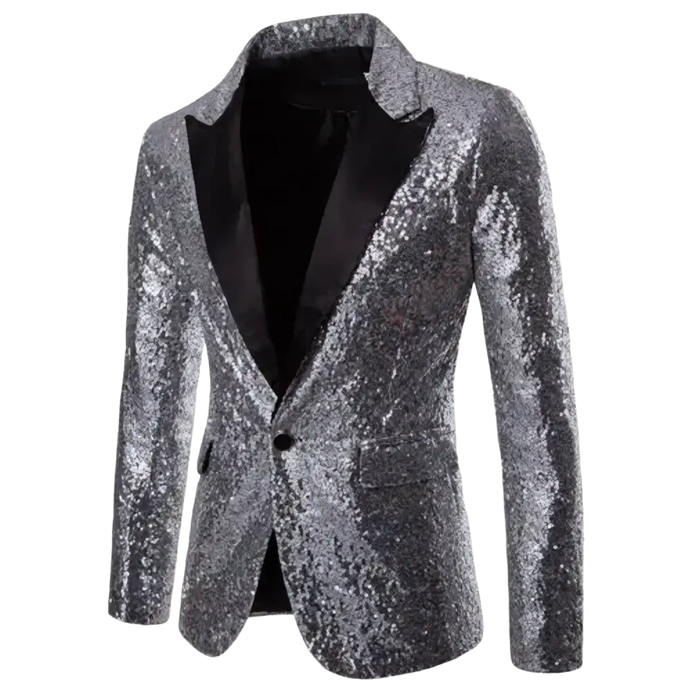 Men sequin blazer formal party suit jacket featuring silver sequins with black satin lapels