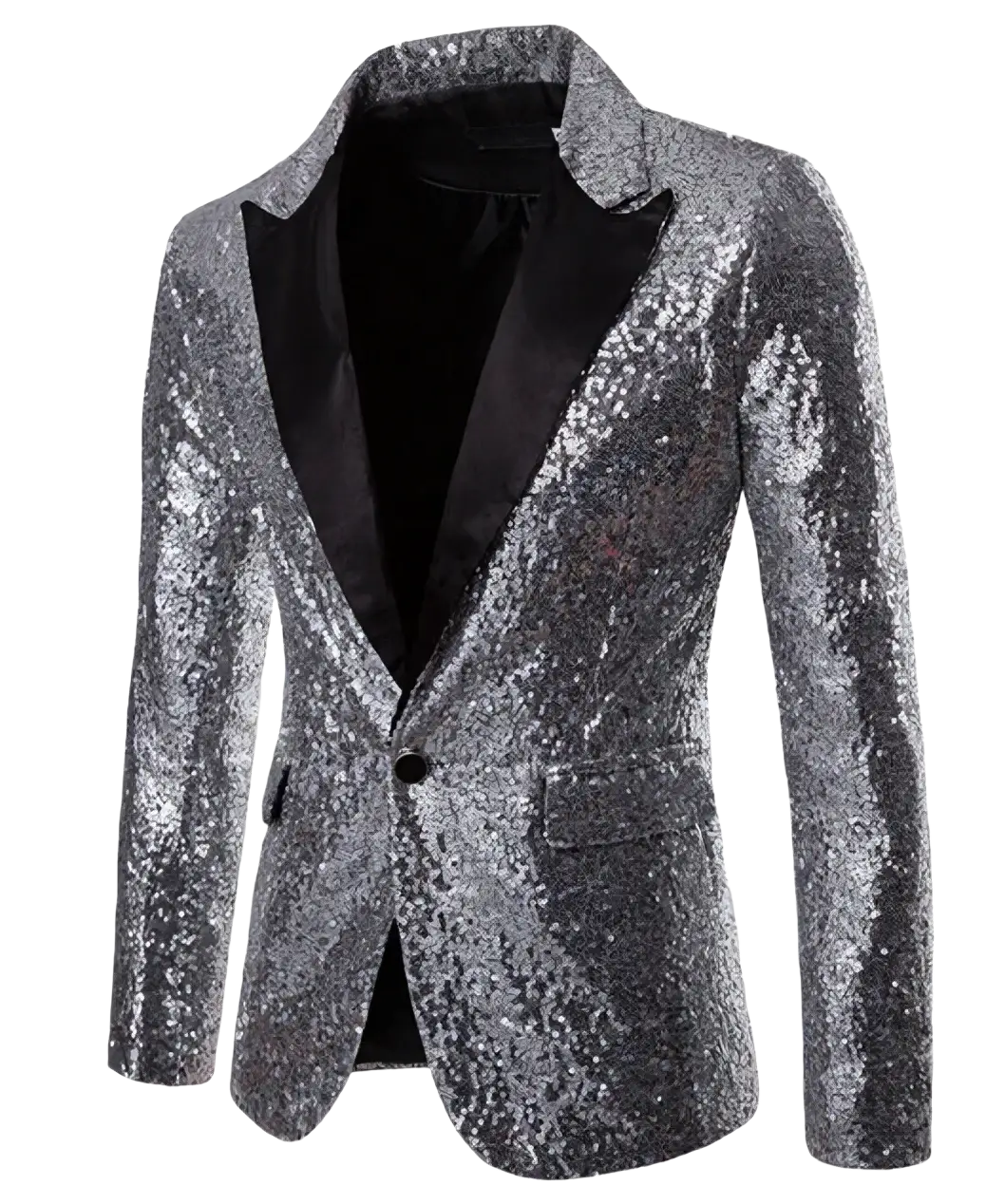 Men sequin blazer formal party suit jacket with silver sequined fabric black satin lapels and inner lining