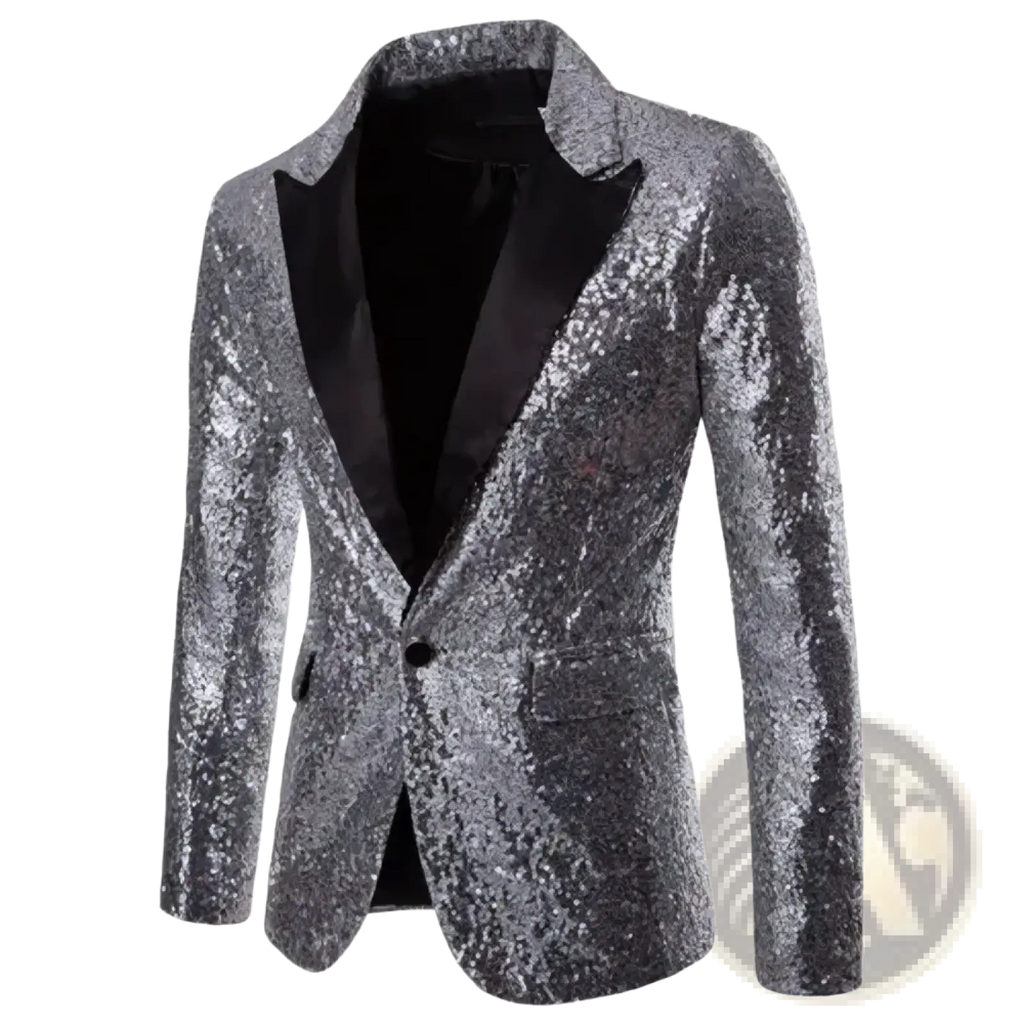 Men sequin blazer formal party suit jacket featuring silver sequins with black satin lapels