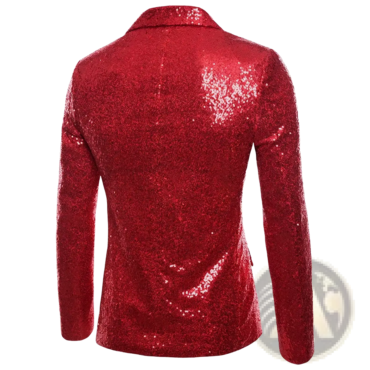 Men sequin blazer formal party suit jacket in vibrant red with classic collar long sleeves and dense shiny embellishments