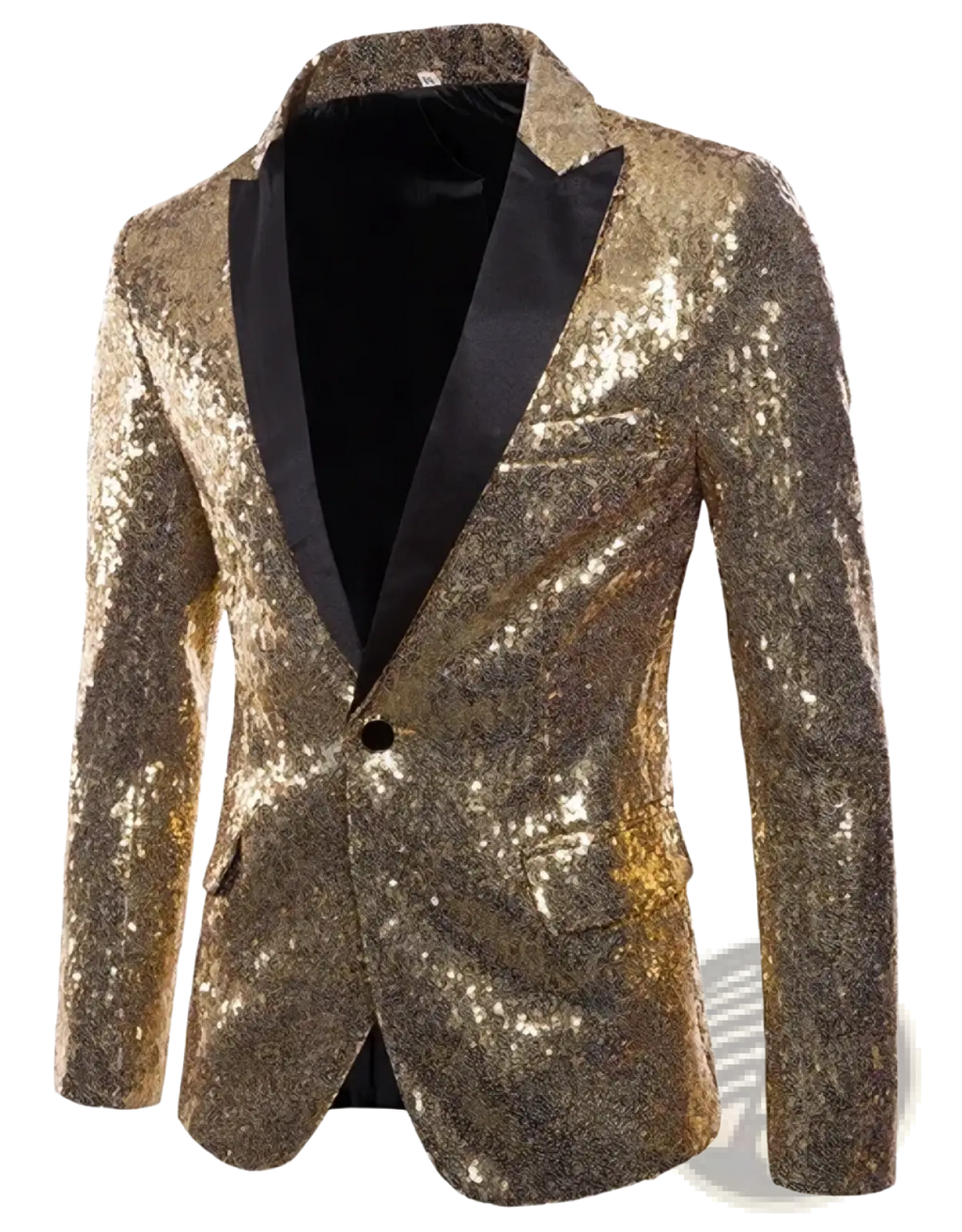 Men sequin blazer formal party suit jacket in gold sequins with black satin lapels and inner lining